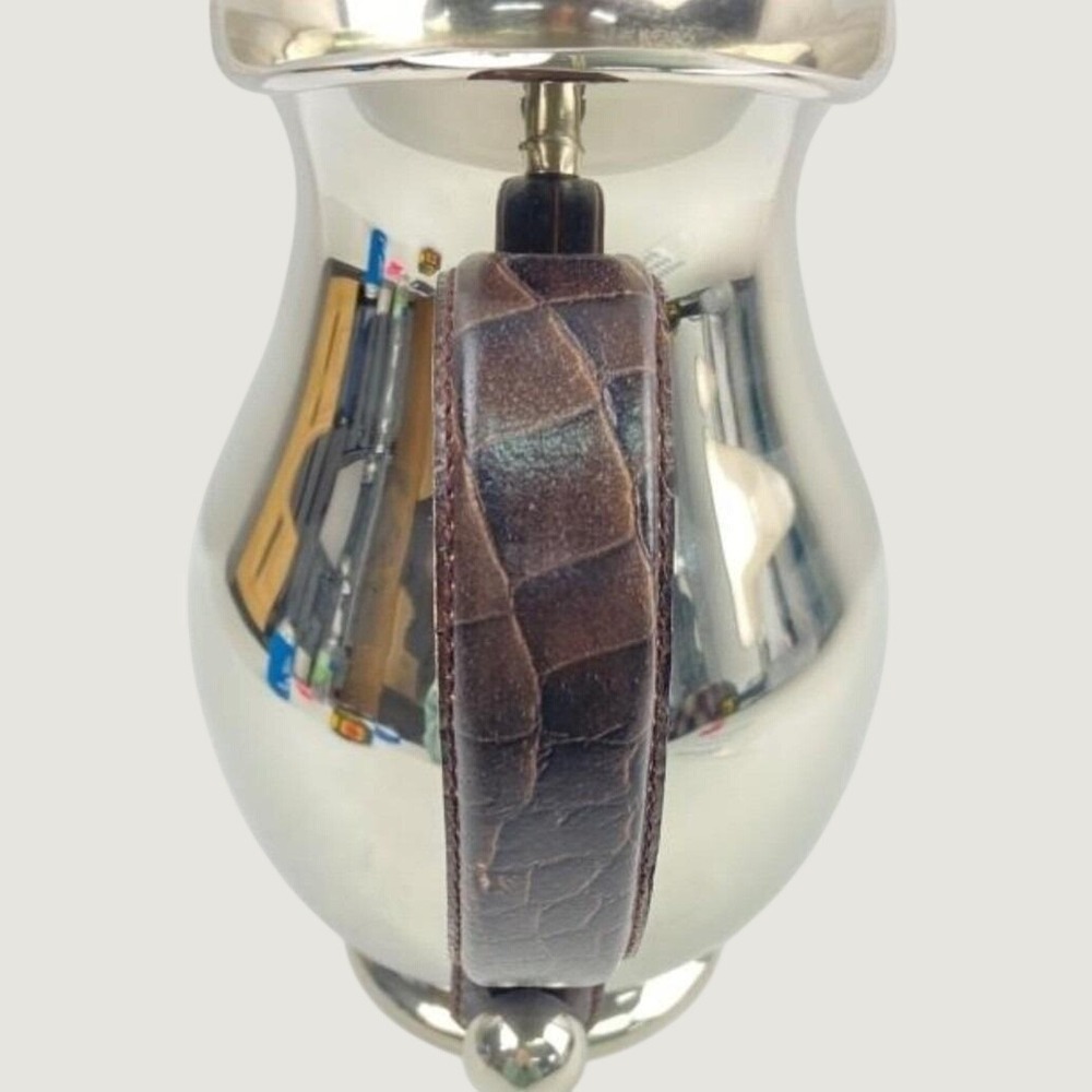 Polished Stainless Steel Pitcher Brown Faux Crocodile Leather Wrapped Handle - Picture 2 of 8